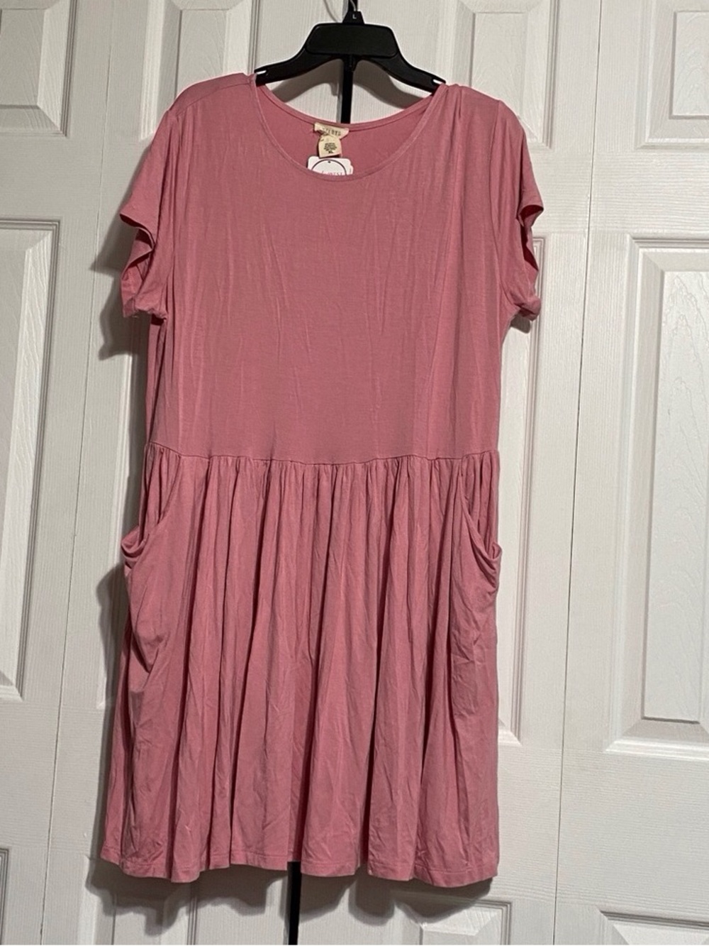 Casual Rose Pink Short Sleeve Midi Dress with Gathered Waist
